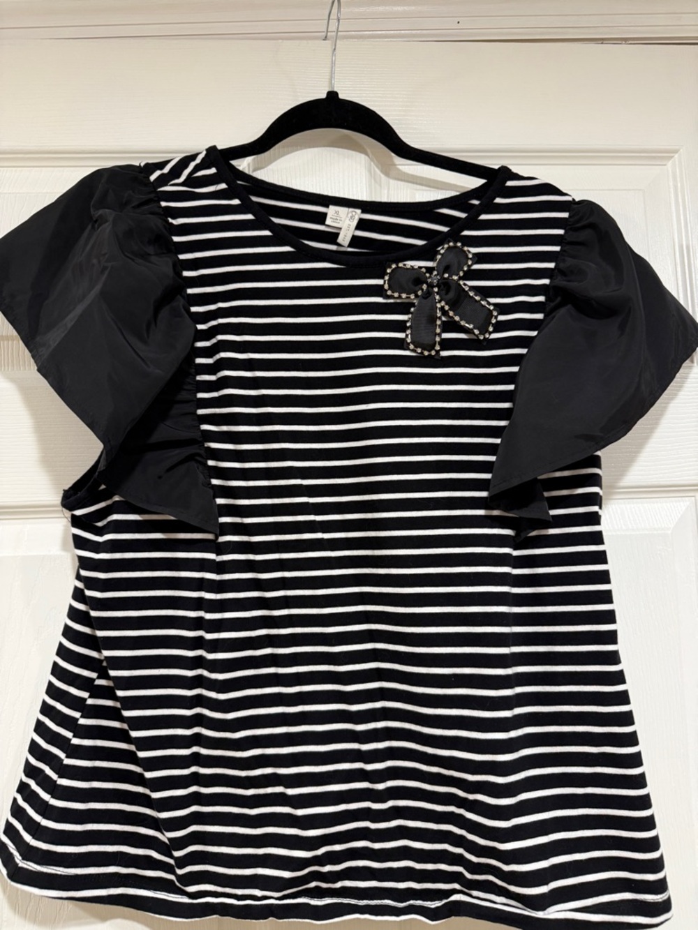 Cato Black and White Striped Puff Sleeve Top with Bow Accent